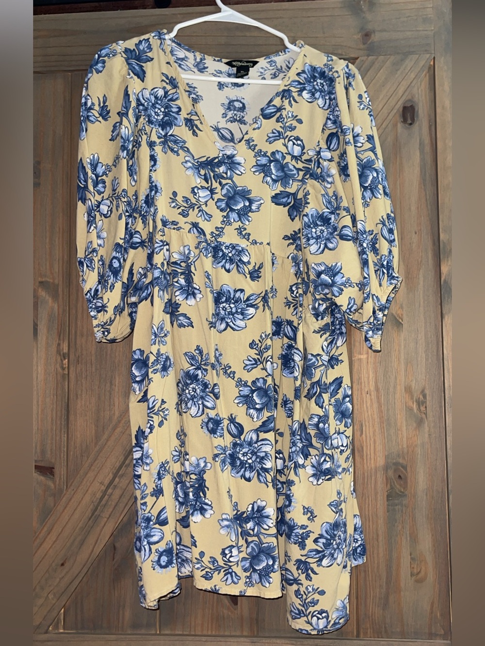 Yellow Midi Dress with Blue Floral Print - V-Neck Puff Sleeve